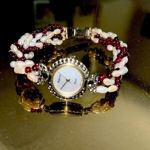 Elegant Burgundy and Pearl Bead Watch Bracelet